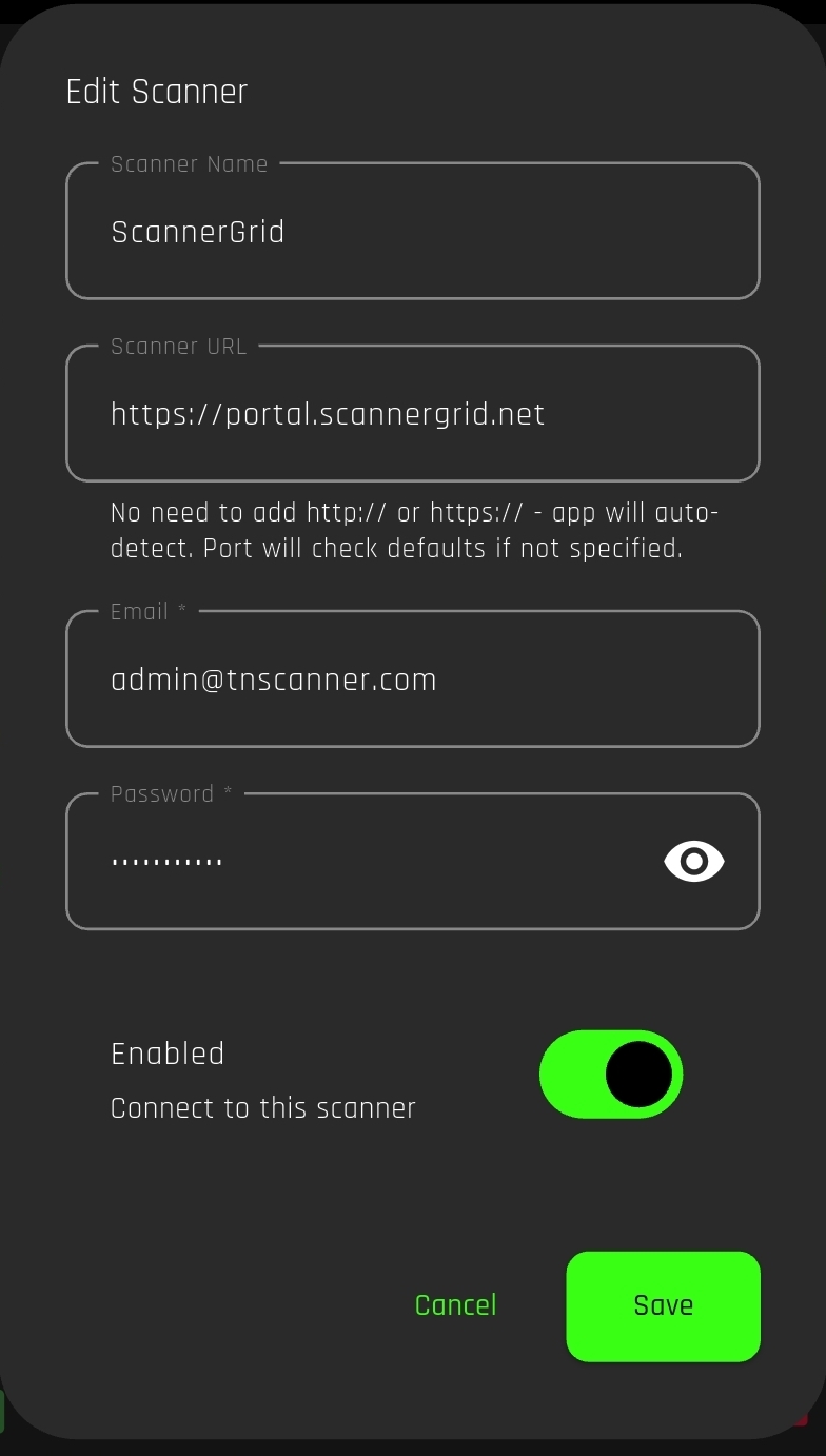 Sign in to ScannerGrid inside ThinLine